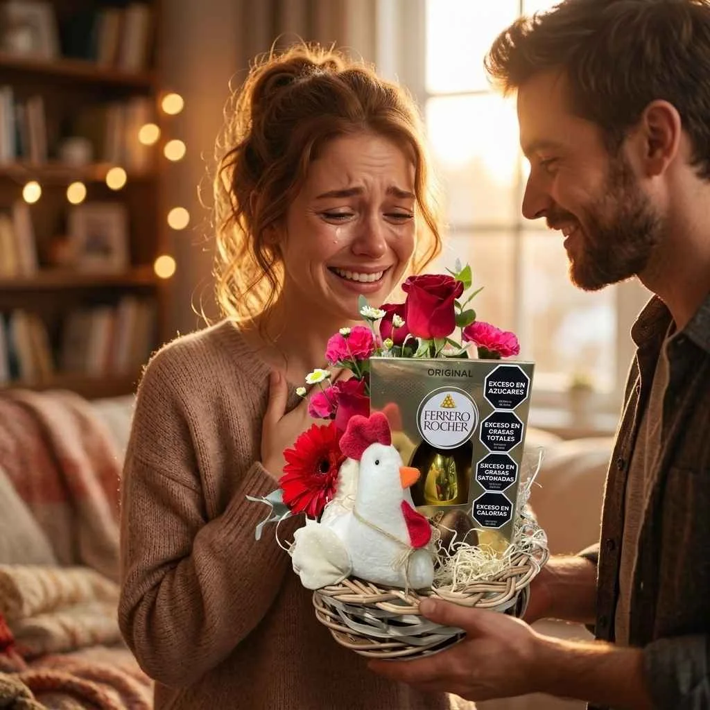 CANASTA DE PASCUA CON FLORES HUEVO ROCHER Y GALLINA